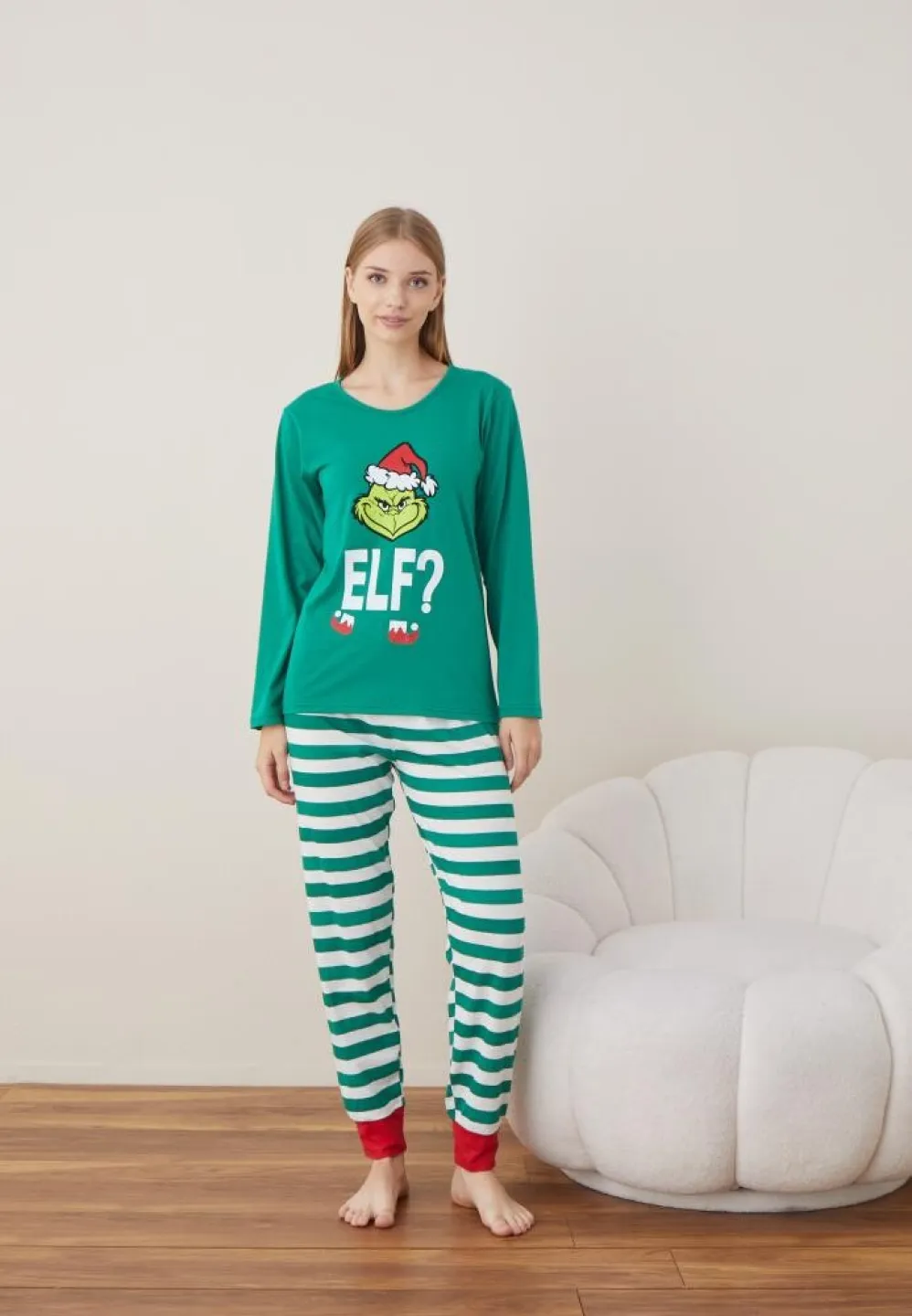 Pijama Craciun Dama Verde Elf Maneca Lunga Pantalon Lungi - 6