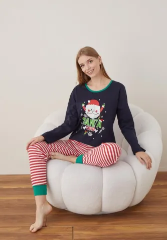 Pijama Craciun Dama Bleumarin Santa Maneca Lunga Pantalon Lungi hover