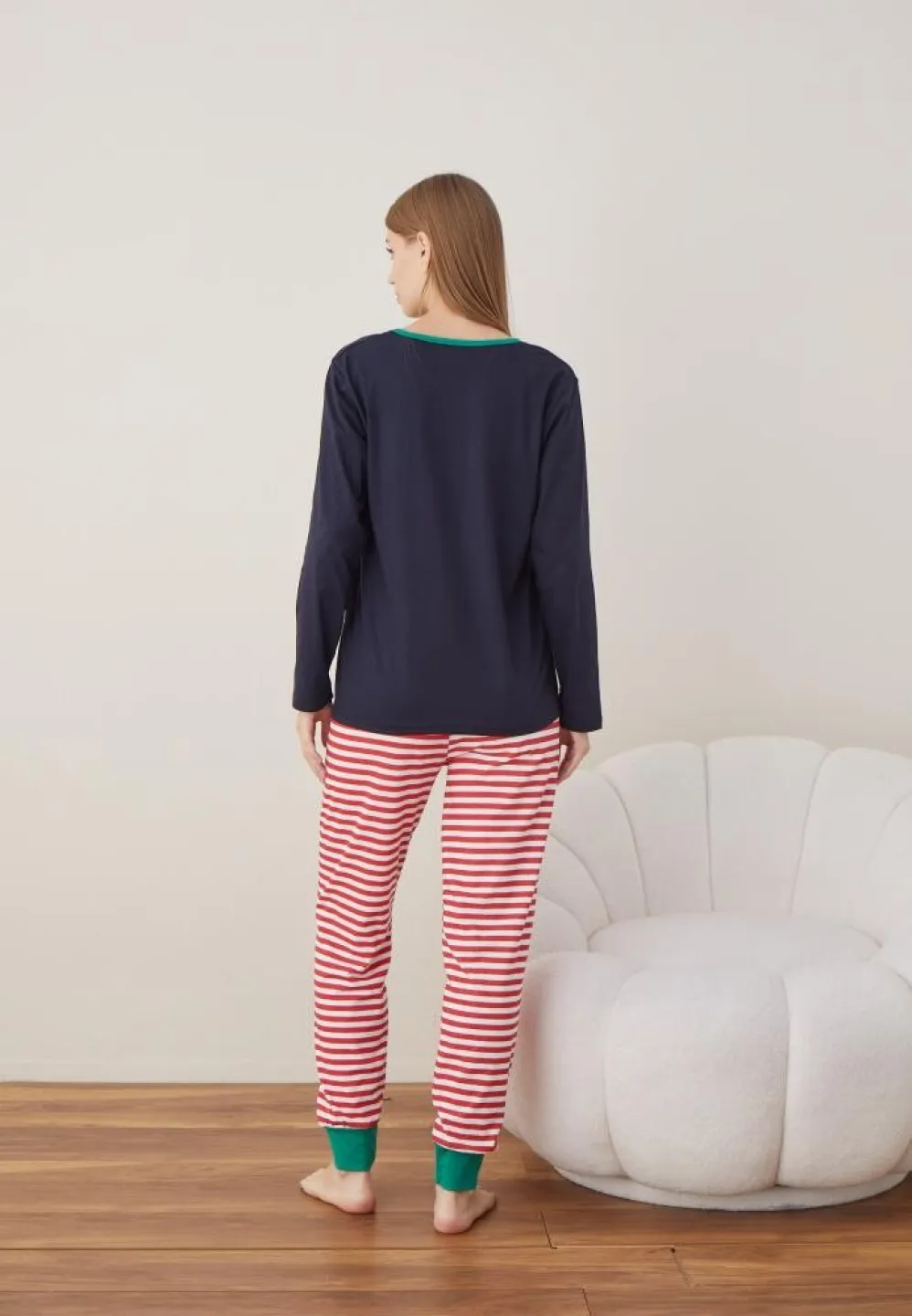 Pijama Craciun Dama Bleumarin Santa Maneca Lunga Pantalon Lungi - 3