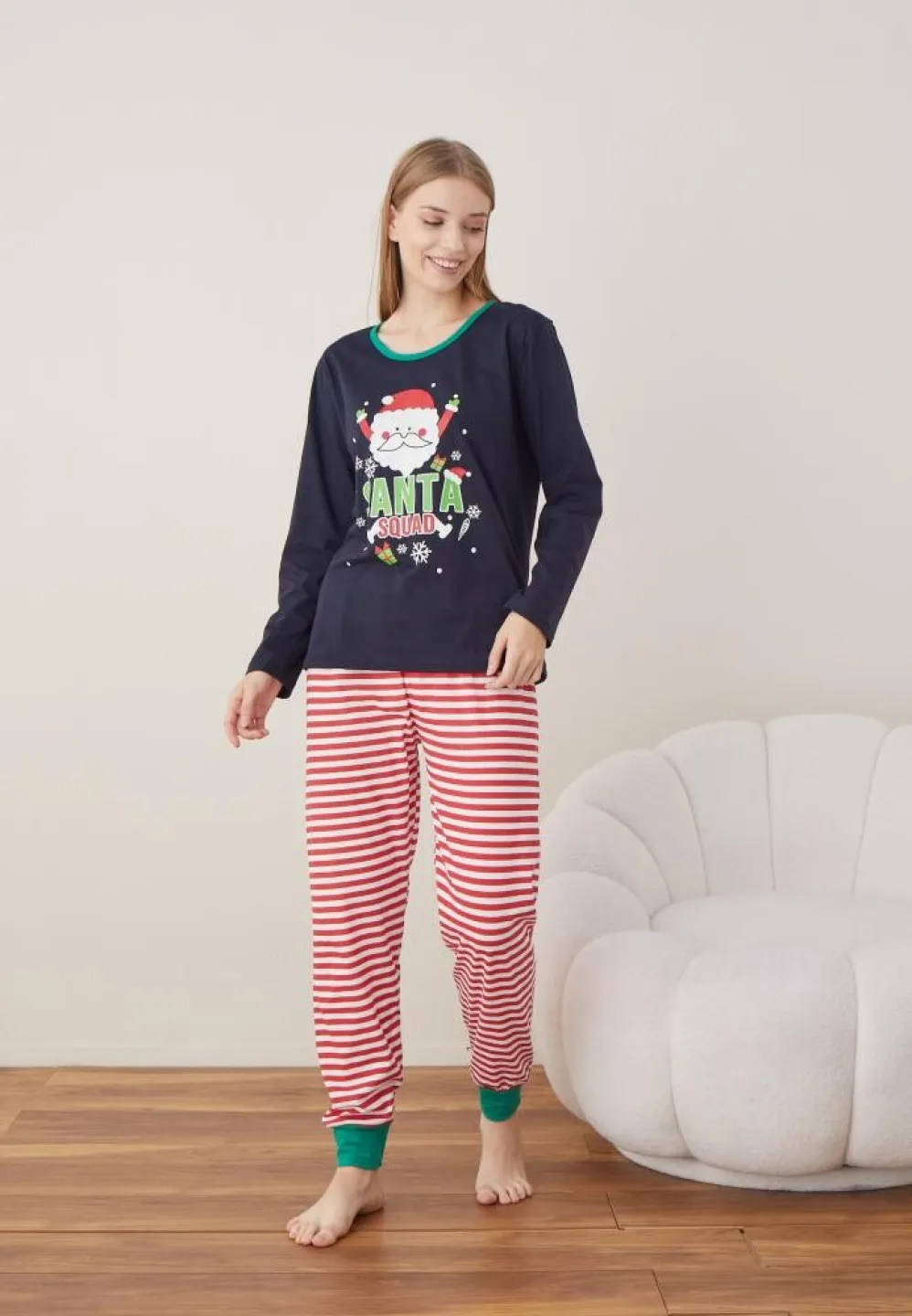 Pijama Craciun Dama Bleumarin Santa Maneca Lunga Pantalon Lungi - 4