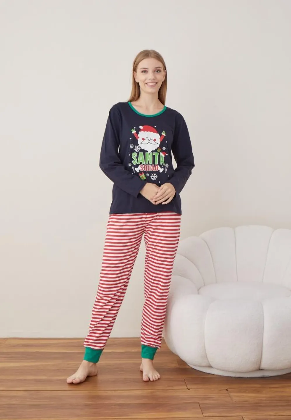 Pijama Craciun Dama Bleumarin Santa Maneca Lunga Pantalon Lungi - 1