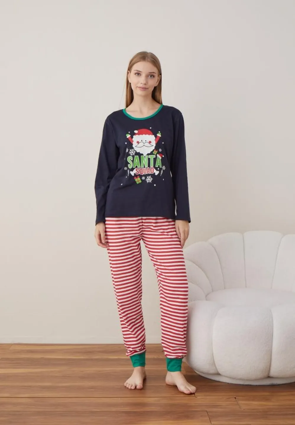 Pijama Craciun Dama Bleumarin Santa Maneca Lunga Pantalon Lungi - 5