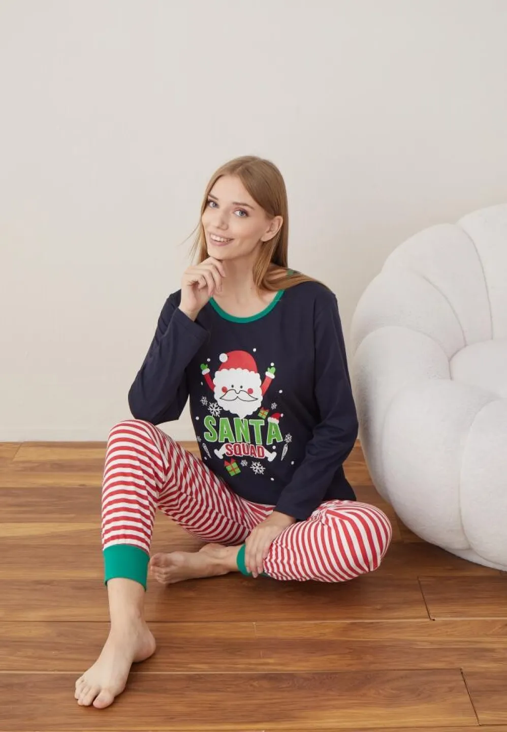 Pijama Craciun Dama Bleumarin Santa Maneca Lunga Pantalon Lungi - 6