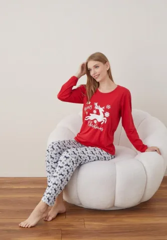 Pijama Craciun Dama Rosu Merry Christmas Maneca Lunga Pantalon Lungi hover