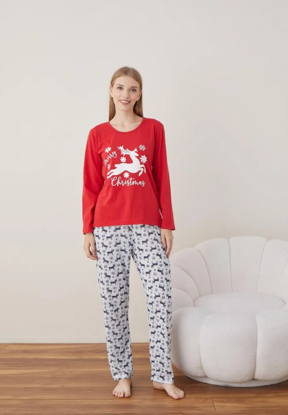 Pijama Craciun Dama Rosu Merry Christmas Maneca Lunga Pantalon Lungi - 3