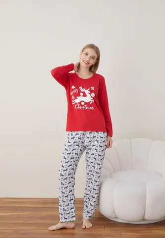 Pijama Craciun Dama Rosu Merry Christmas Maneca Lunga Pantalon Lungi