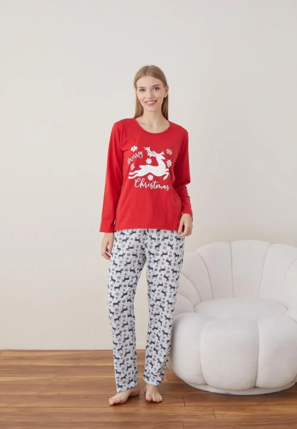 Pijama Craciun Dama Rosu Merry Christmas Maneca Lunga Pantalon Lungi - 4
