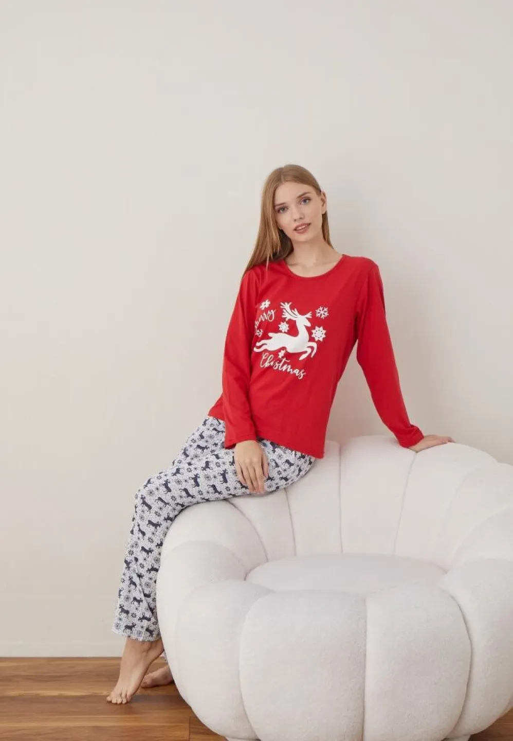 Pijama Craciun Dama Rosu Merry Christmas Maneca Lunga Pantalon Lungi - 6