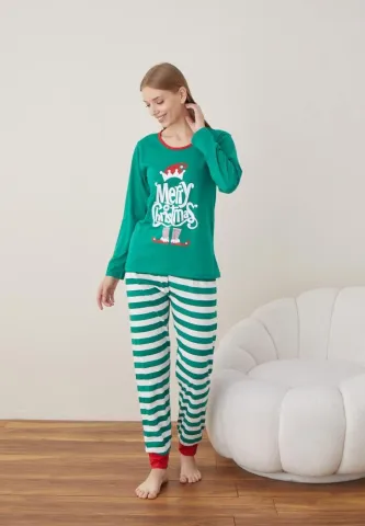 Pijama Craciun Dama Maneca Lunga Pantalon Lungi,Verde,Mery Christhmas hover