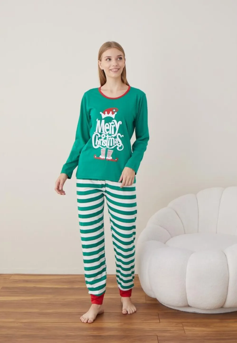 Pijama Craciun Dama Verde Merry Christmas Maneca Lunga Pantalon Lungi - 3