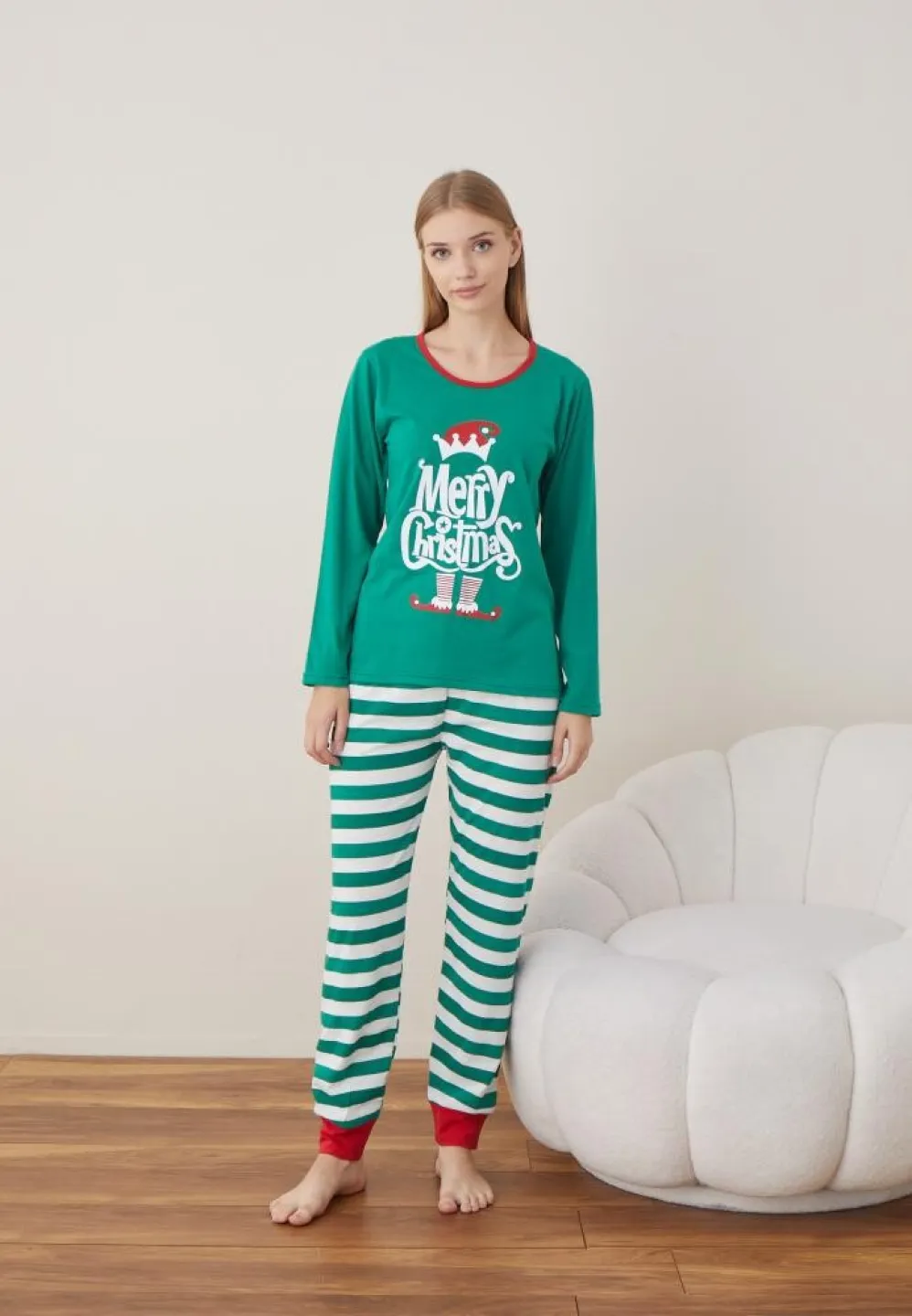 Pijama Craciun Dama Verde Merry Christmas Maneca Lunga Pantalon Lungi - 7