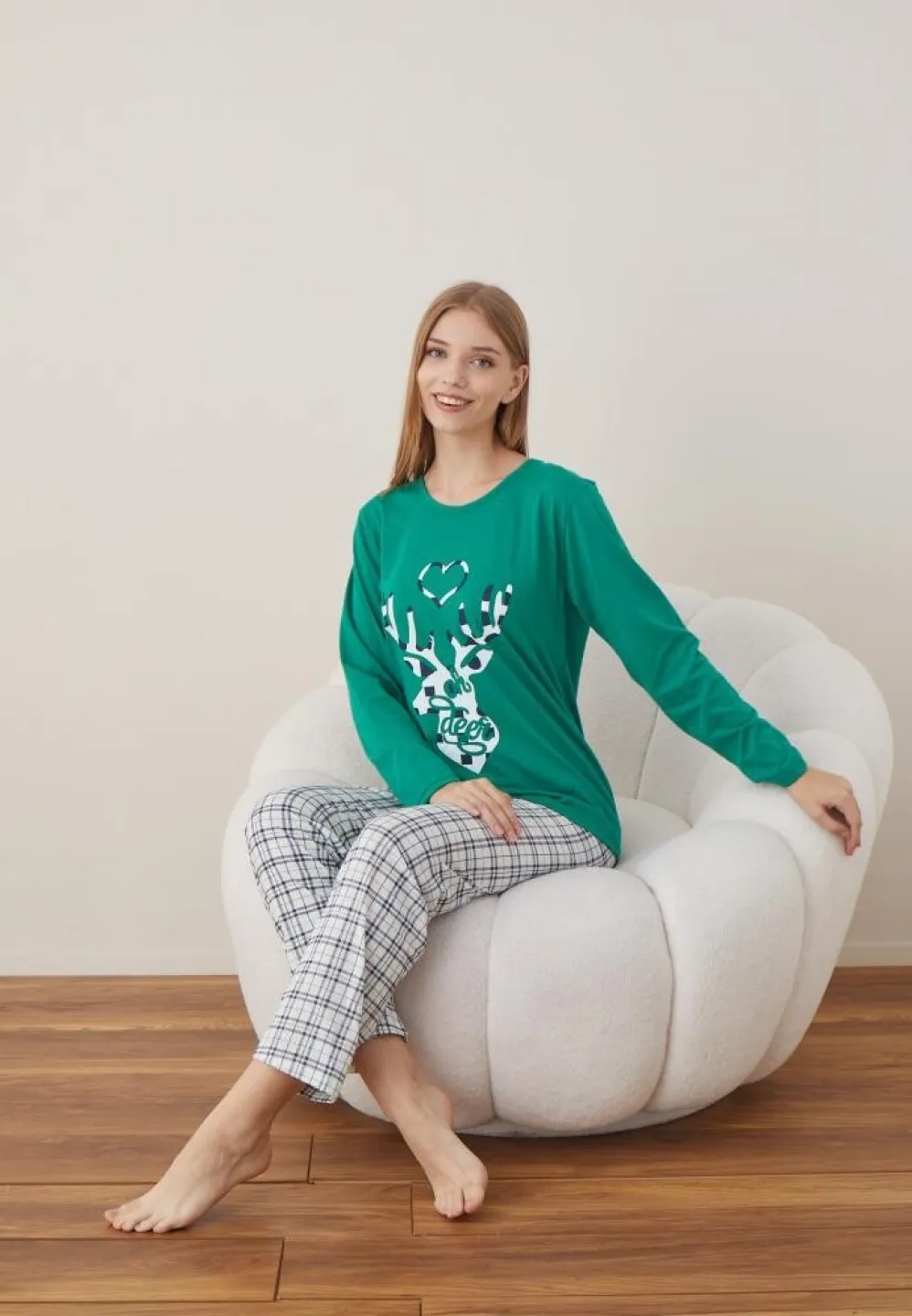 Pijama Craciun Dama Verde Ren Maneca Lunga Pantalon Lungi - 2