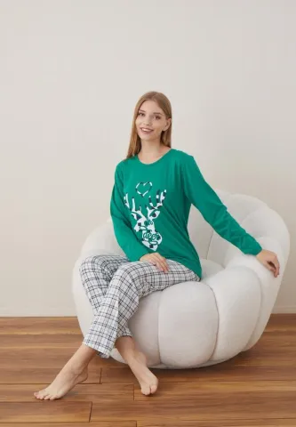 Pijama Craciun Dama Verde Ren Maneca Lunga Pantalon Lungi hover