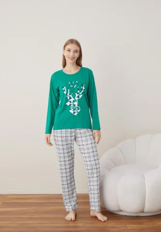 Pijama Craciun Dama Verde Ren Maneca Lunga Pantalon Lungi