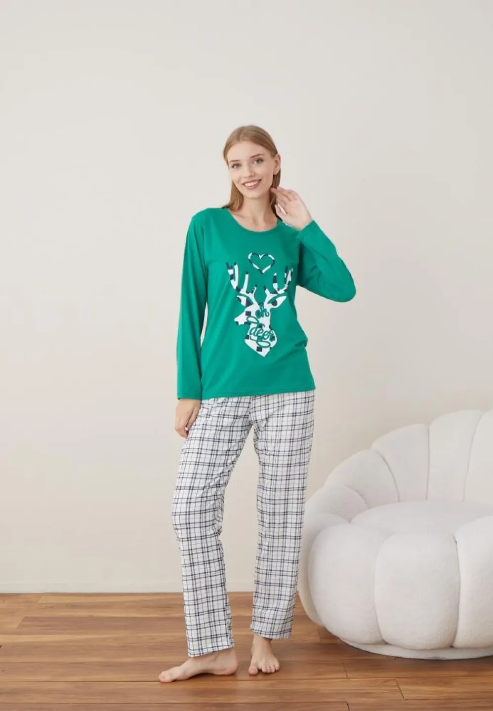 Pijama Craciun Dama Verde Ren Maneca Lunga Pantalon Lungi - 3