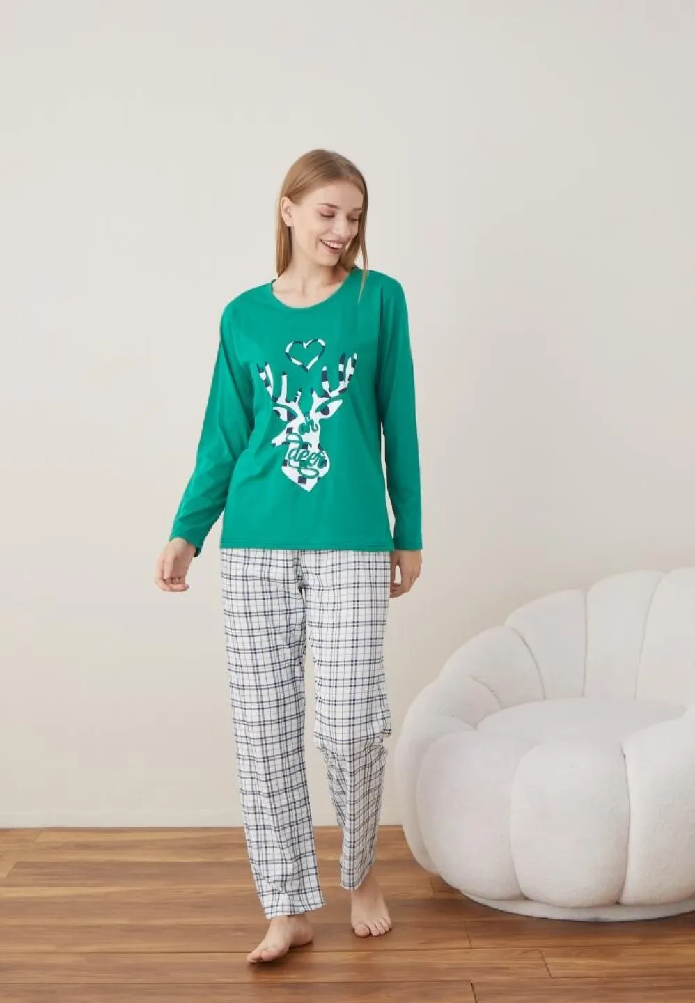 Pijama Craciun Dama Verde Ren Maneca Lunga Pantalon Lungi - 4