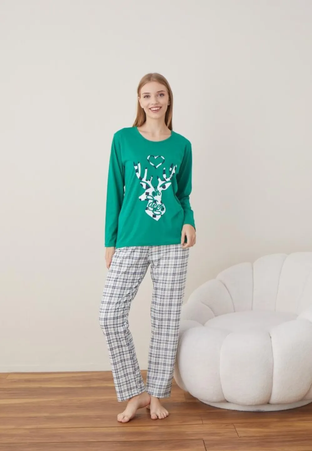 Pijama Craciun Dama Verde Ren Maneca Lunga Pantalon Lungi - 5