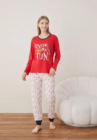 Pijama Craciun Dama Maneca Lunga Pantalon Lungi,Rosu,SNOW MUCH FUN
