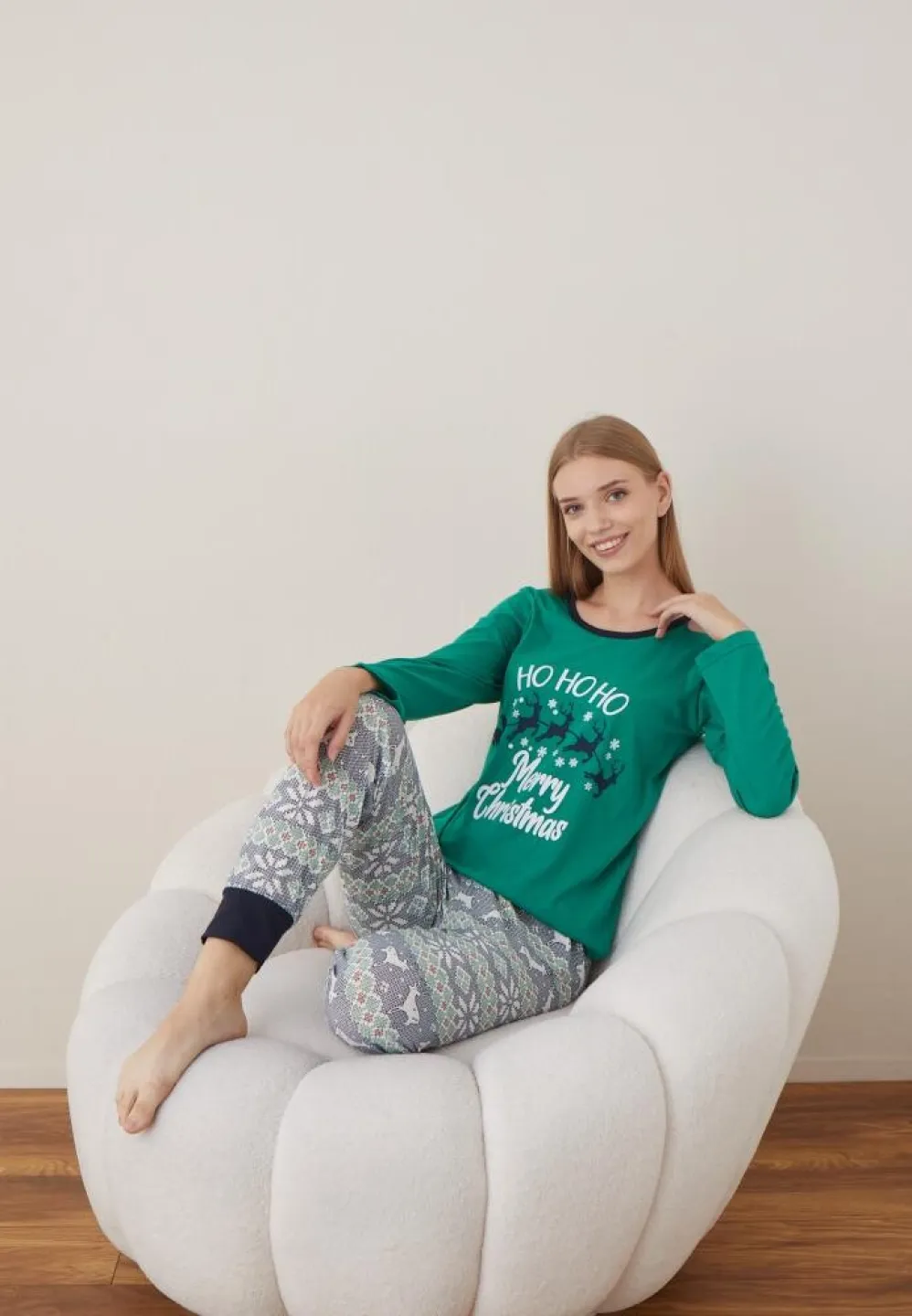 Pijama Craciun Dama Verde Ho Ho Ho Maneca Lunga Pantalon Lungi - 2