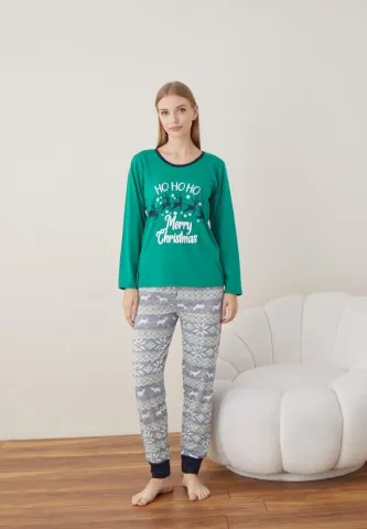 Pijama Craciun Dama Verde Ho Ho Ho Maneca Lunga Pantalon Lungi