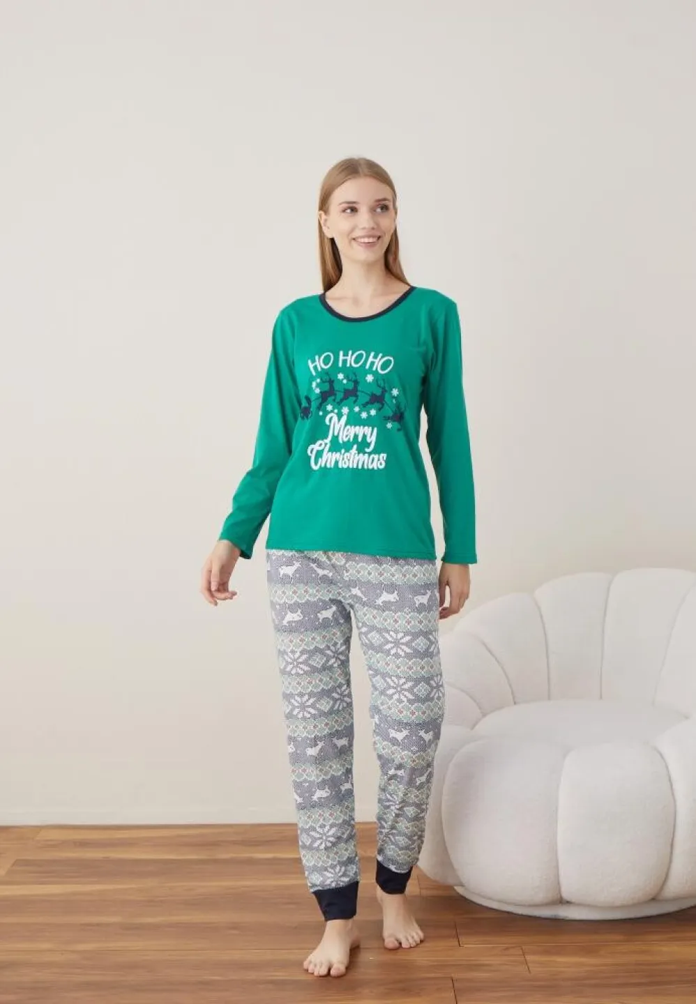 Pijama Craciun Dama Verde Ho Ho Ho Maneca Lunga Pantalon Lungi - 3