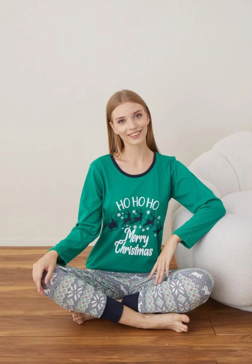Pijama Craciun Dama Verde Ho Ho Ho Maneca Lunga Pantalon Lungi - 4