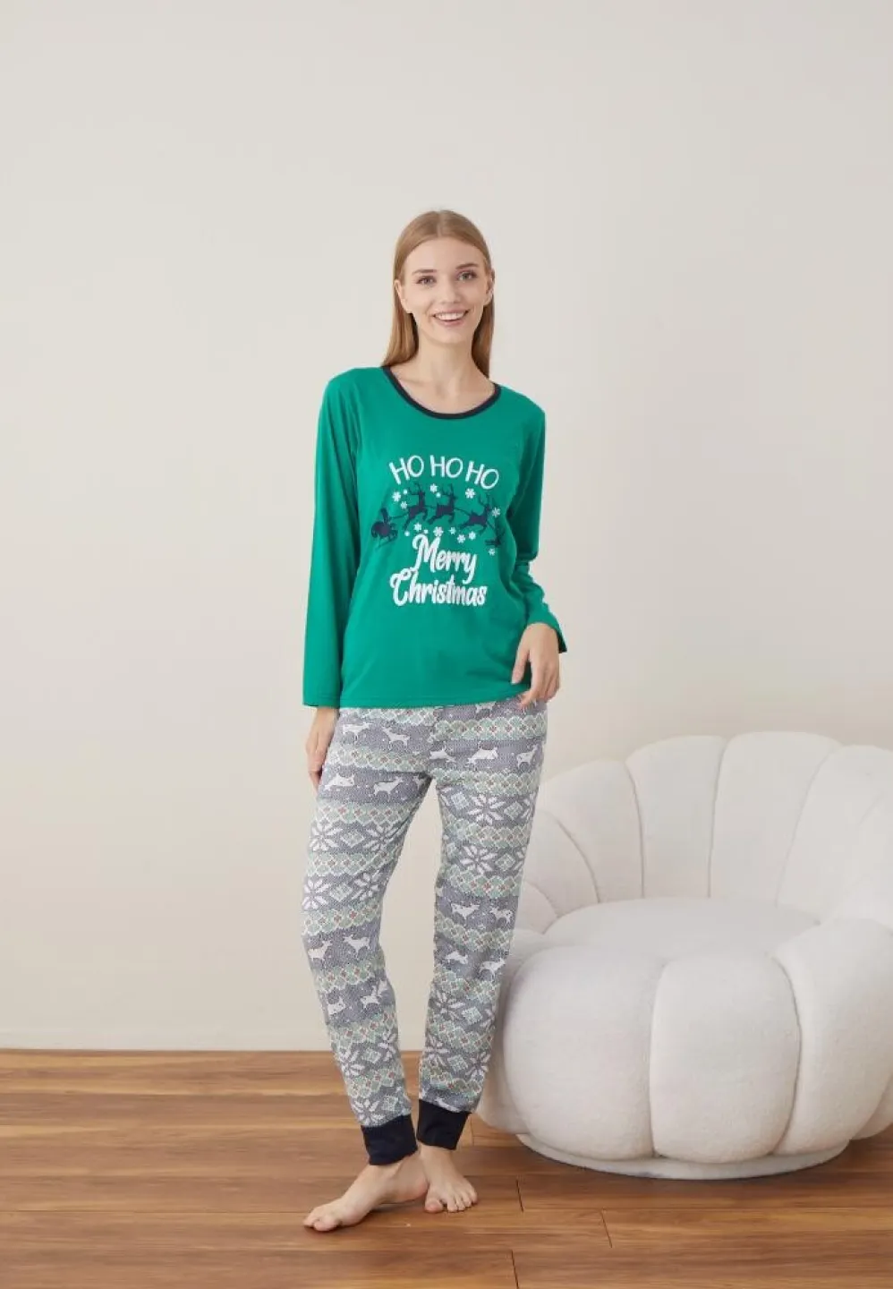 Pijama Craciun Dama Verde Ho Ho Ho Maneca Lunga Pantalon Lungi - 5