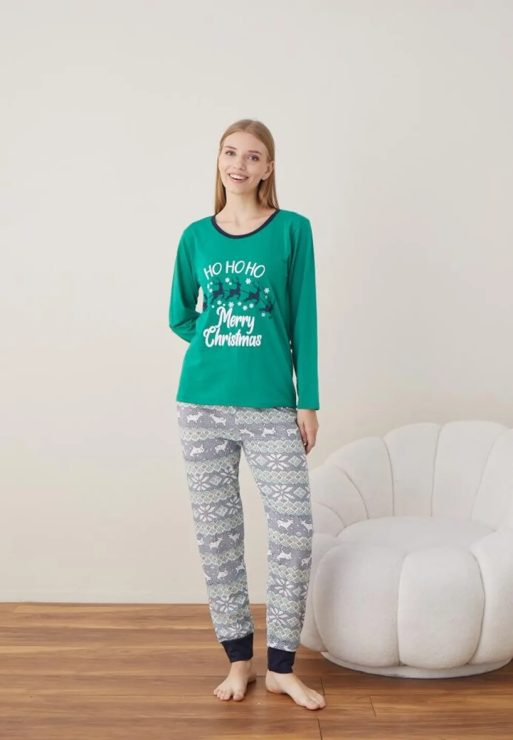 Pijama Craciun Dama Verde Ho Ho Ho Maneca Lunga Pantalon Lungi - 6