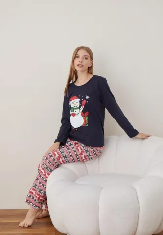 Pijama Craciun Dama Maneca Lunga Pantalon Lungi,Bleumarin,Om De Zapada hover