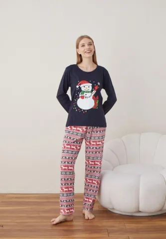 Pijama Craciun Dama Maneca Lunga Pantalon Lungi,Bleumarin,Om De Zapada