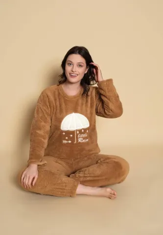 Pijama damă cocolino maro imprimeu umbrelă