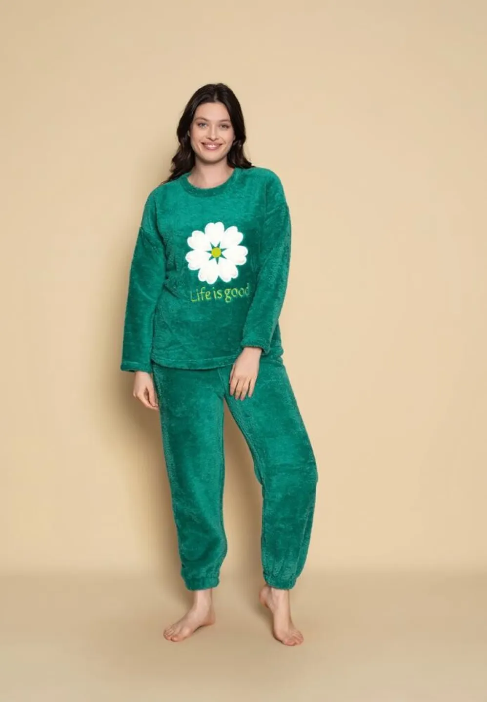 Pijama călduroasă cocolino damă verde, imprimeu Life is good - 2