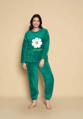 Pijama călduroasă cocolino damă verde, imprimeu Life is good hover