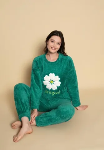 Pijama călduroasă cocolino damă verde, imprimeu Life is good