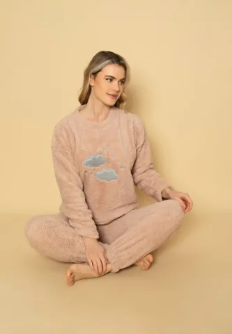 Pijama călduroasă cocolino damă roz pudră, imprimeu norișori adorabili