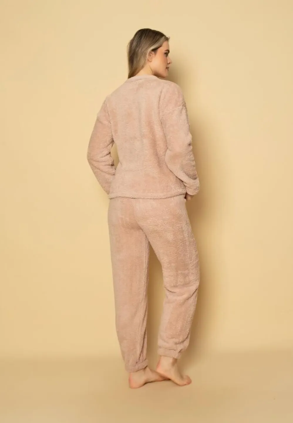 Pijama călduroasă cocolino damă roz pudră, imprimeu norișori adorabili - 2