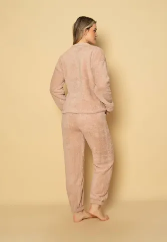 Pijama călduroasă cocolino damă roz pudră, imprimeu norișori adorabili hover