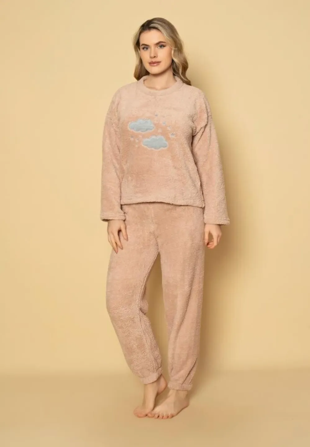 Pijama călduroasă cocolino damă roz pudră, imprimeu norișori adorabili - 3