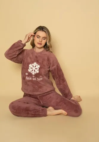 Pijama călduroasă cocolino damă mov, imprimeu Rain and Snow