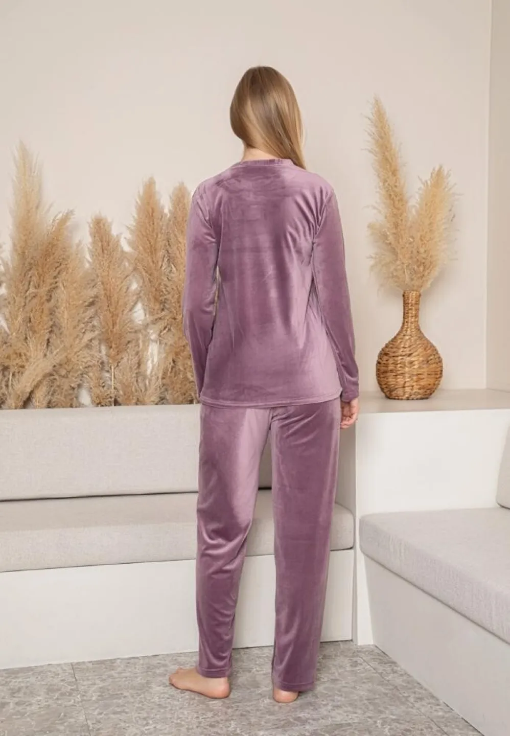 Pijama Dama, Catifea, Imprimeu Morning, Mov, Material Moale - 2