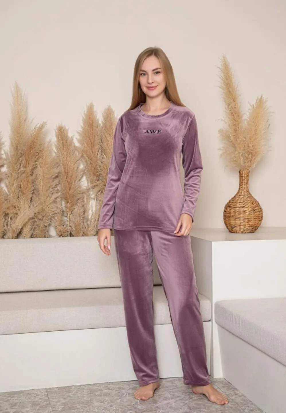 Pijama Dama, Catifea, Imprimeu Morning, Mov, Material Moale - 1