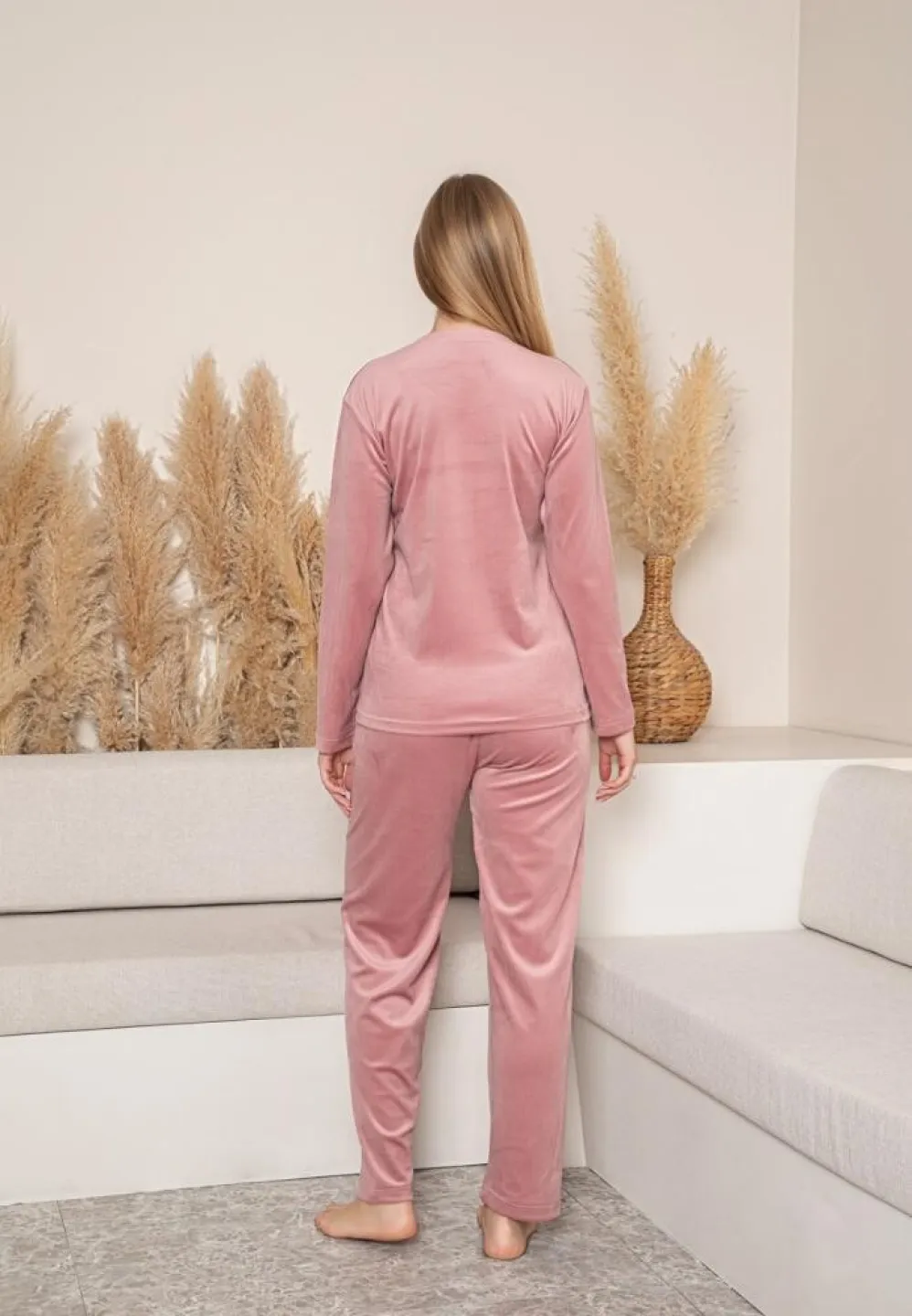 Pijama Dama Catifea, Roz Pudrat, Material Moale, Imprimeu Some - 2