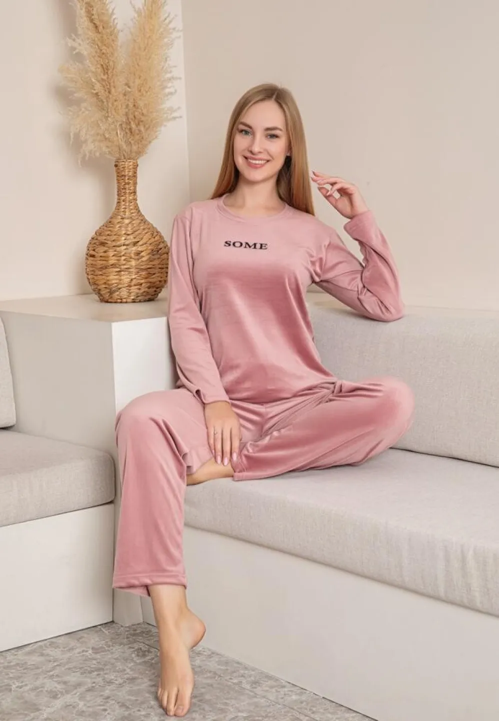 Pijama Dama Catifea, Roz Pudrat, Material Moale, Imprimeu Some - 3