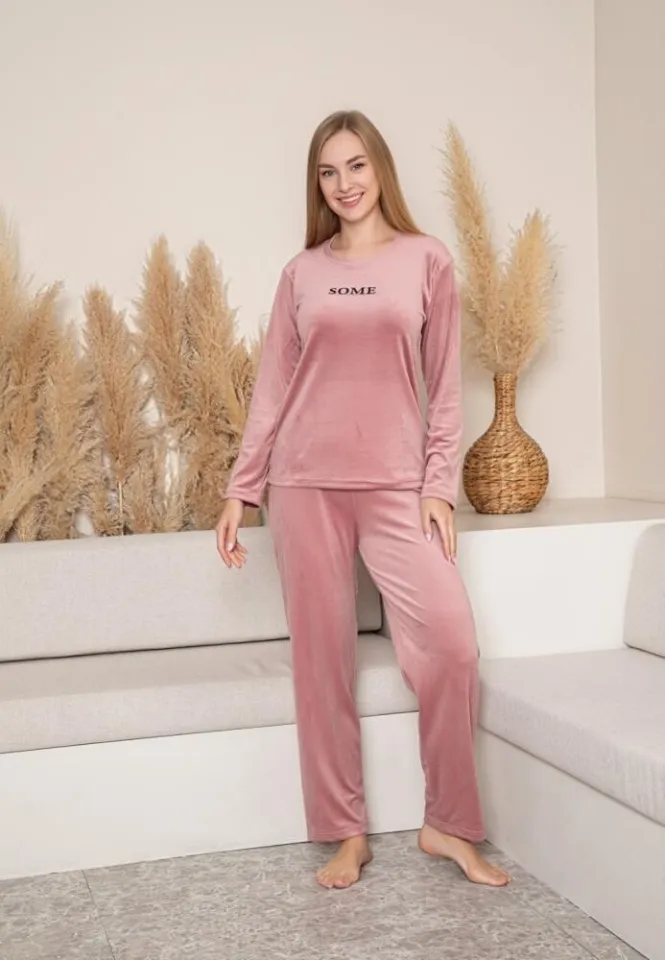 Pijama Dama Catifea, Roz Pudrat, Material Moale, Imprimeu Some