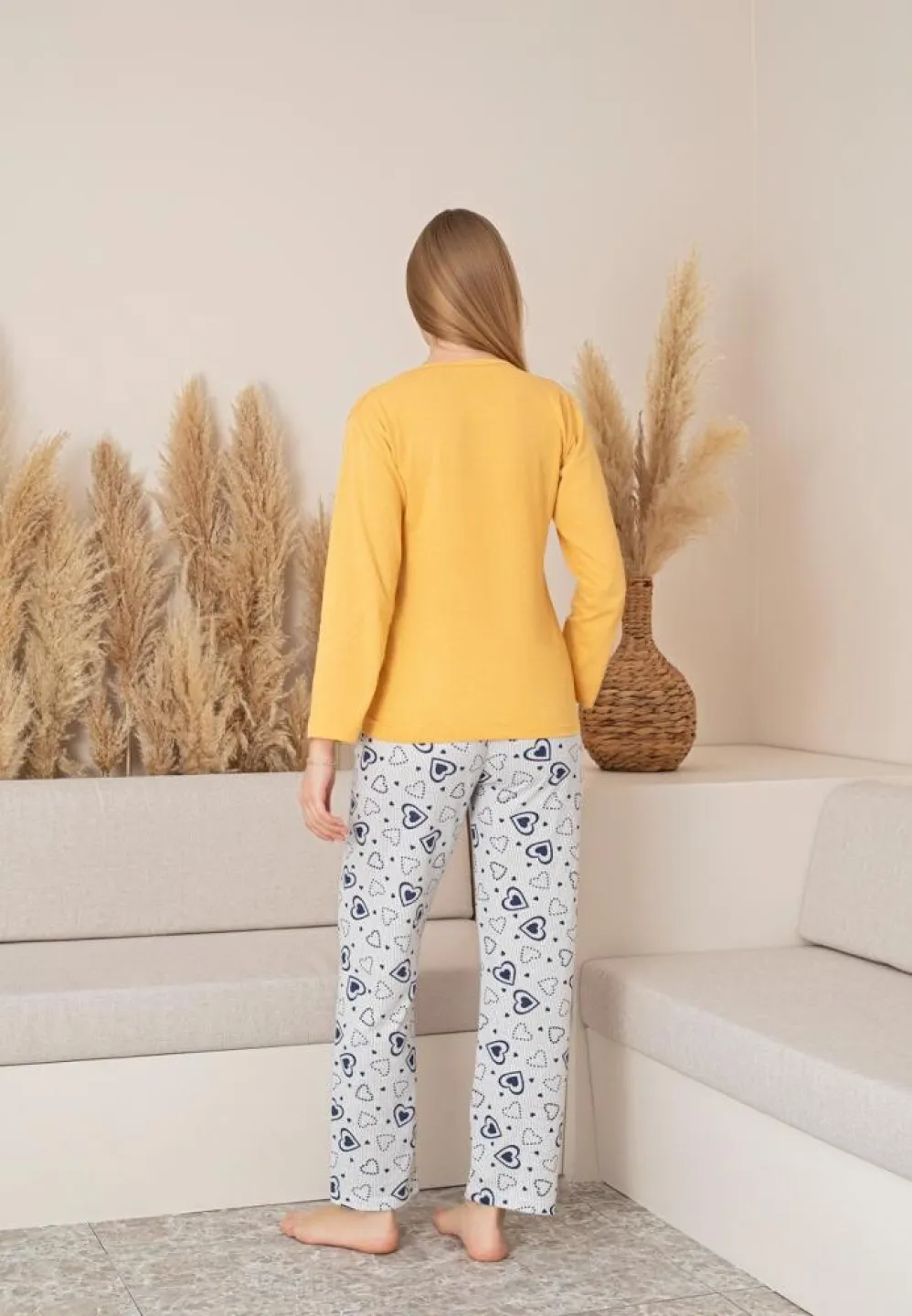 Pijama Dama, Pantalon Lung și Mâneca Lungă, Galben, Detaliu Love - 2