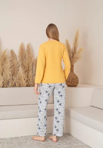 Pijama Dama, Pantalon Lung și Mâneca Lungă, Galben, Detaliu Love hover