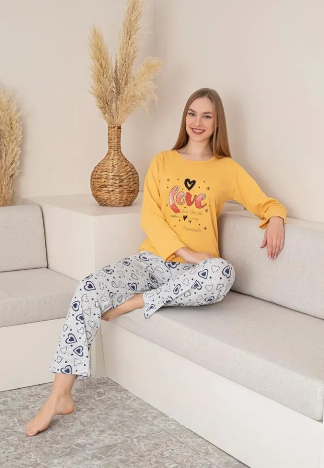 Pijama Dama, Pantalon Lung și Mâneca Lungă, Galben, Detaliu Love