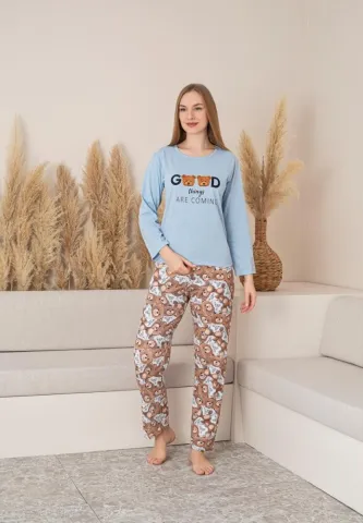 Pijama Dama, Pantalon Lung și Mâneca Lungă, Bleu, Detaliu Good