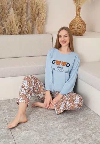 Pijama Dama, Pantalon Lung și Mâneca Lungă, Bleu, Detaliu Good hover