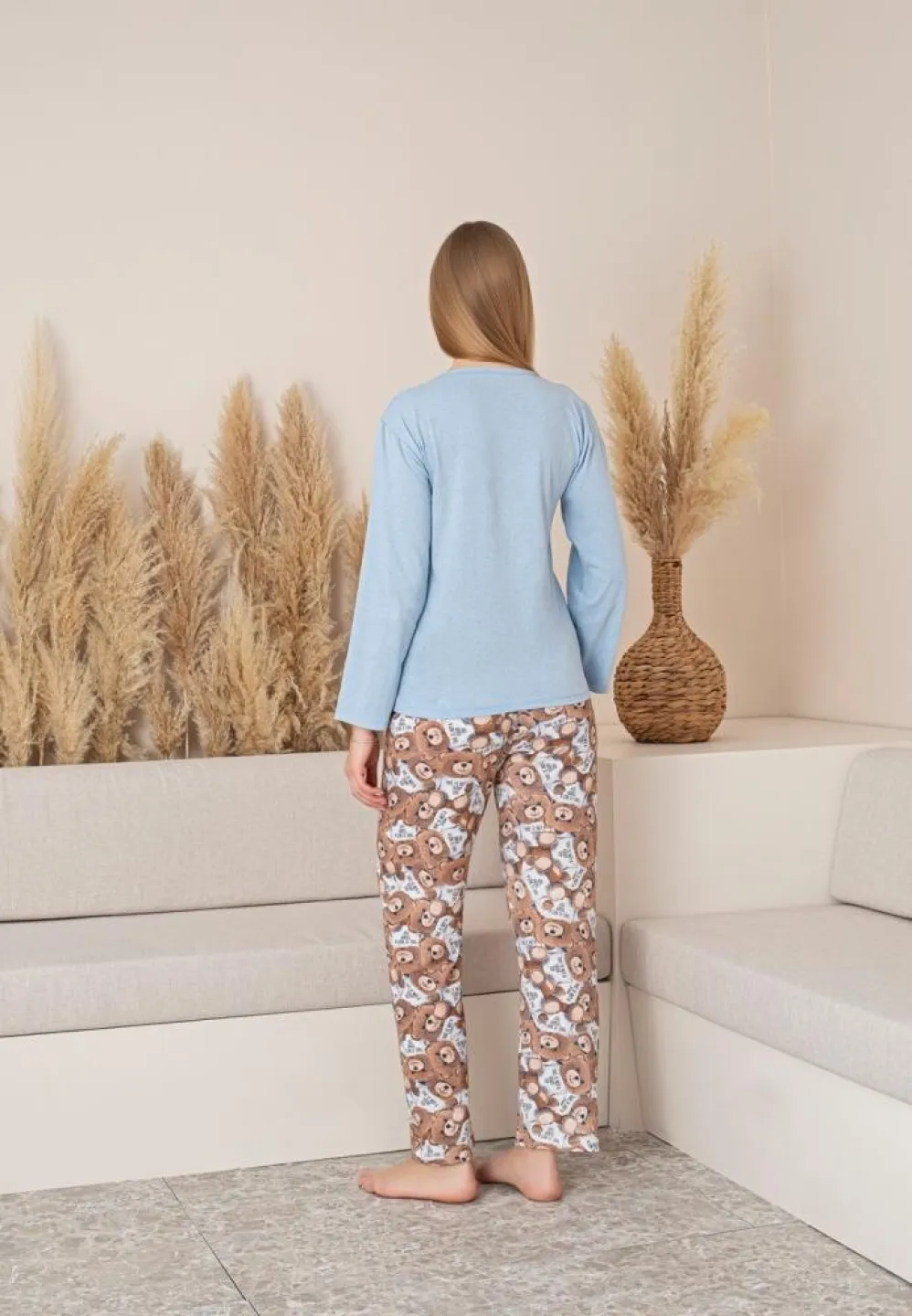 Pijama Dama, Pantalon Lung și Mâneca Lungă, Bleu, Detaliu Good - 3